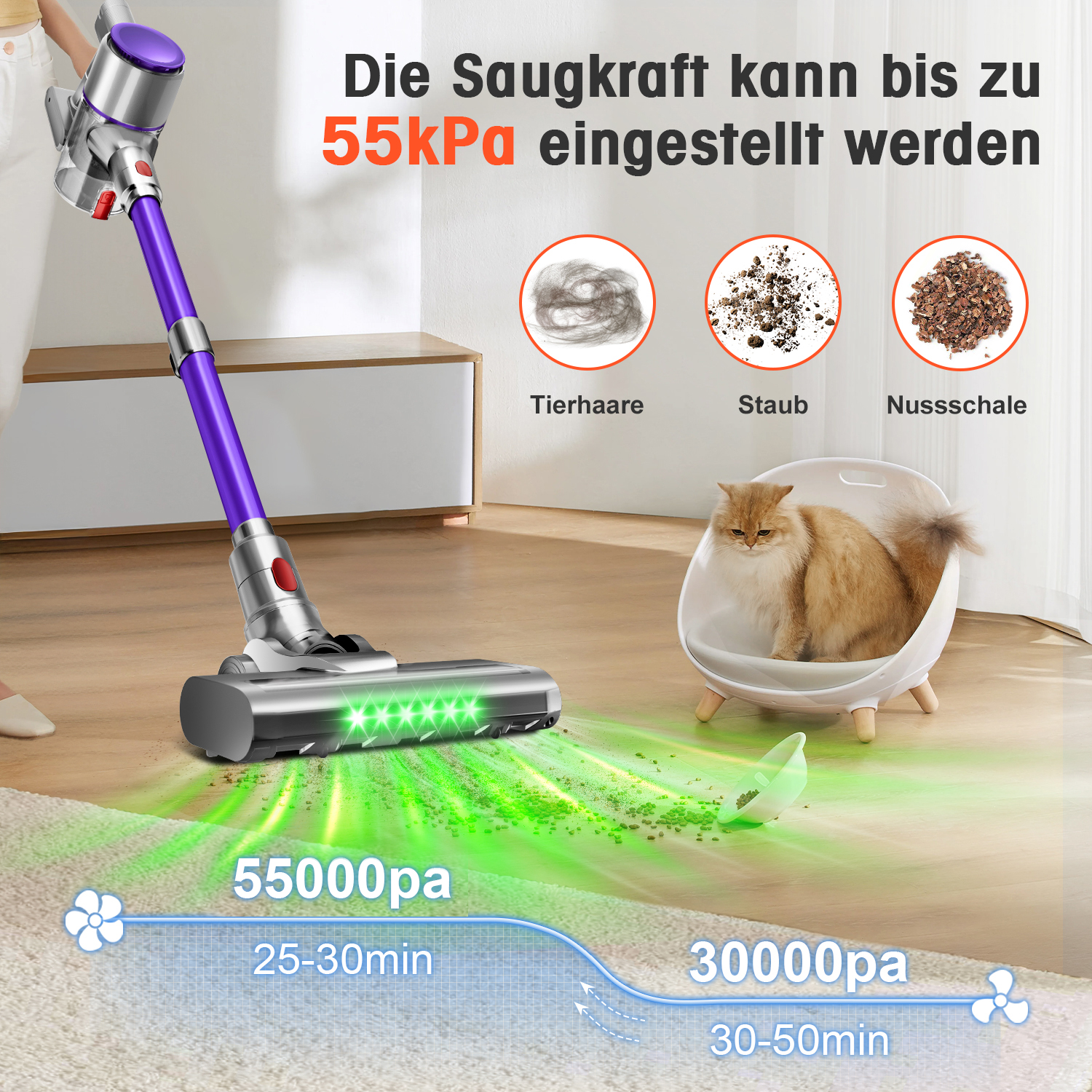 Kabelloser Staubsauger mit starker Saugkraft, der Tierhaare, Staub und Nussschalen aufnimmt.