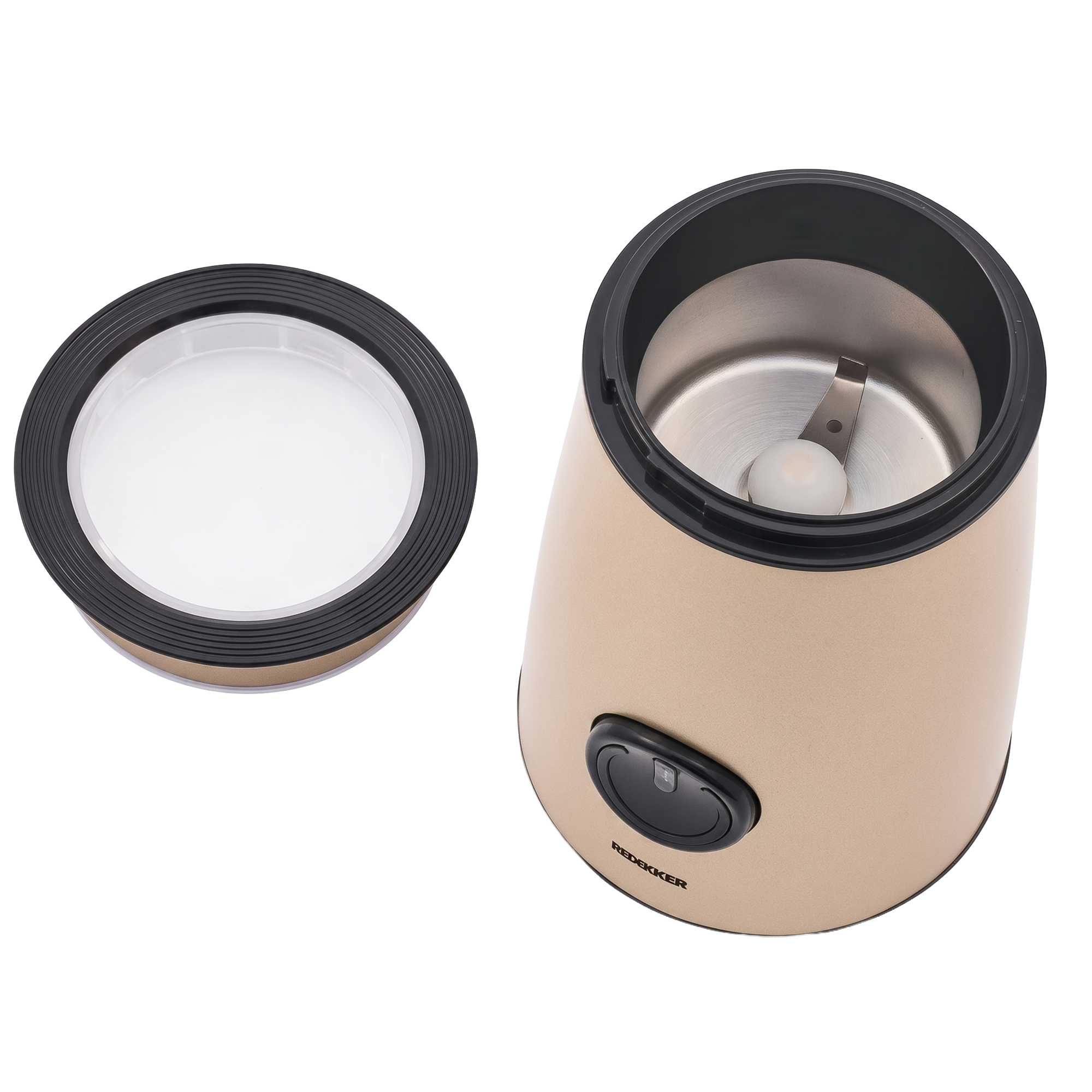Ein offener, champagnerfarbener elektrischer Kaffeemühle mit abgenommenem Deckel.