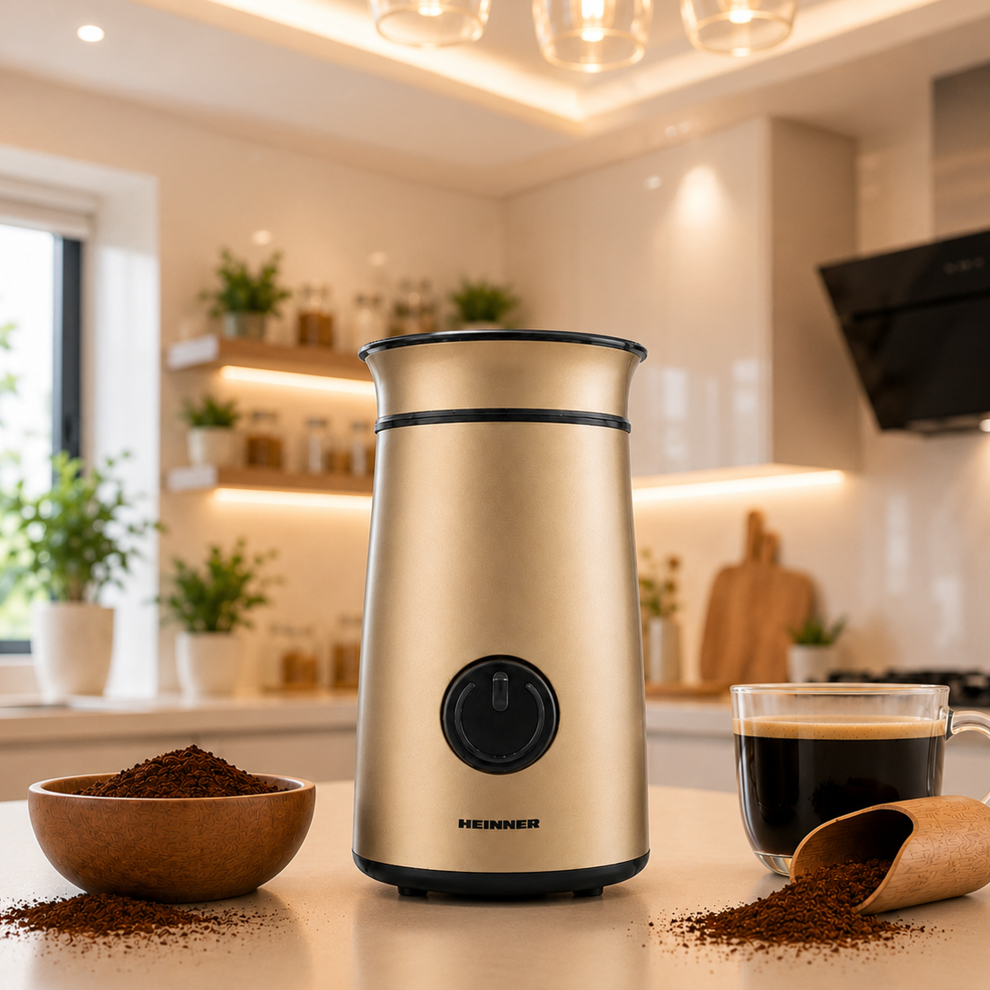 Eine goldene Kaffeemühle auf einer Küchentheke mit Kaffeepulver in einer Schüssel und einer Tasse Kaffee.