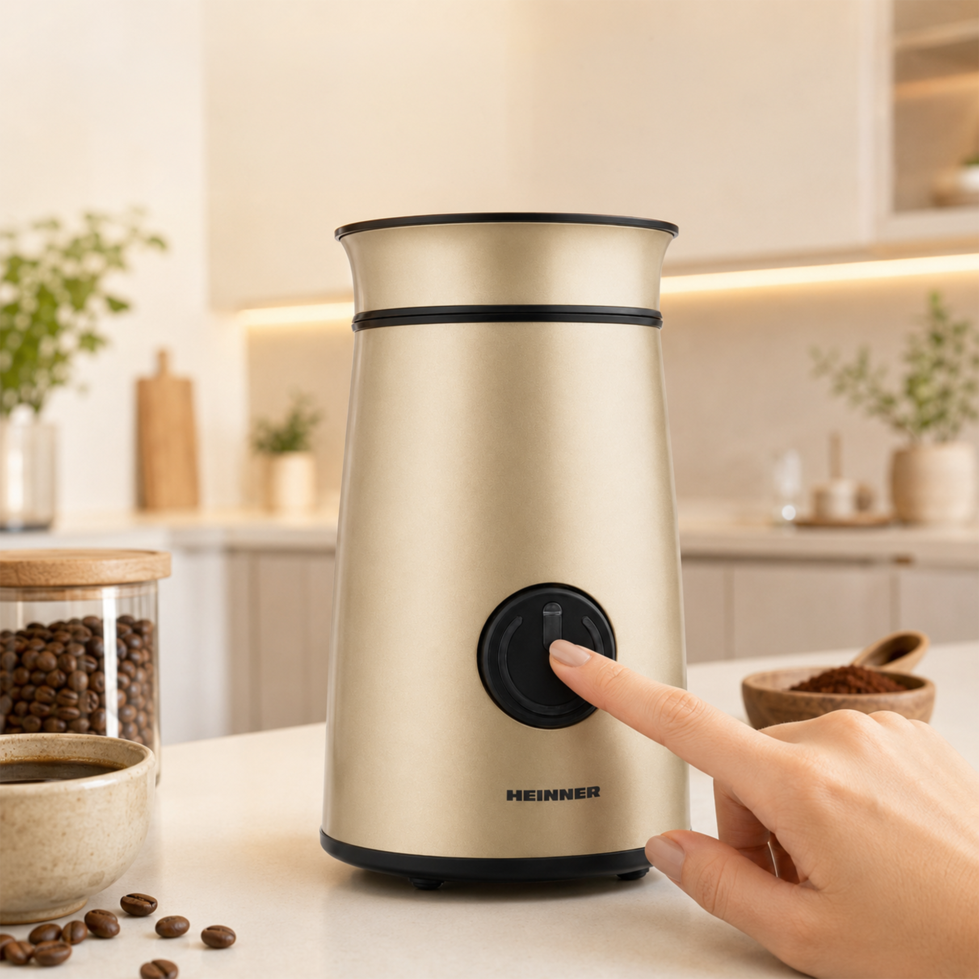 Eine Hand drückt den Startknopf eines goldenen Heinner Kaffeemahlwerks in einer Küche.