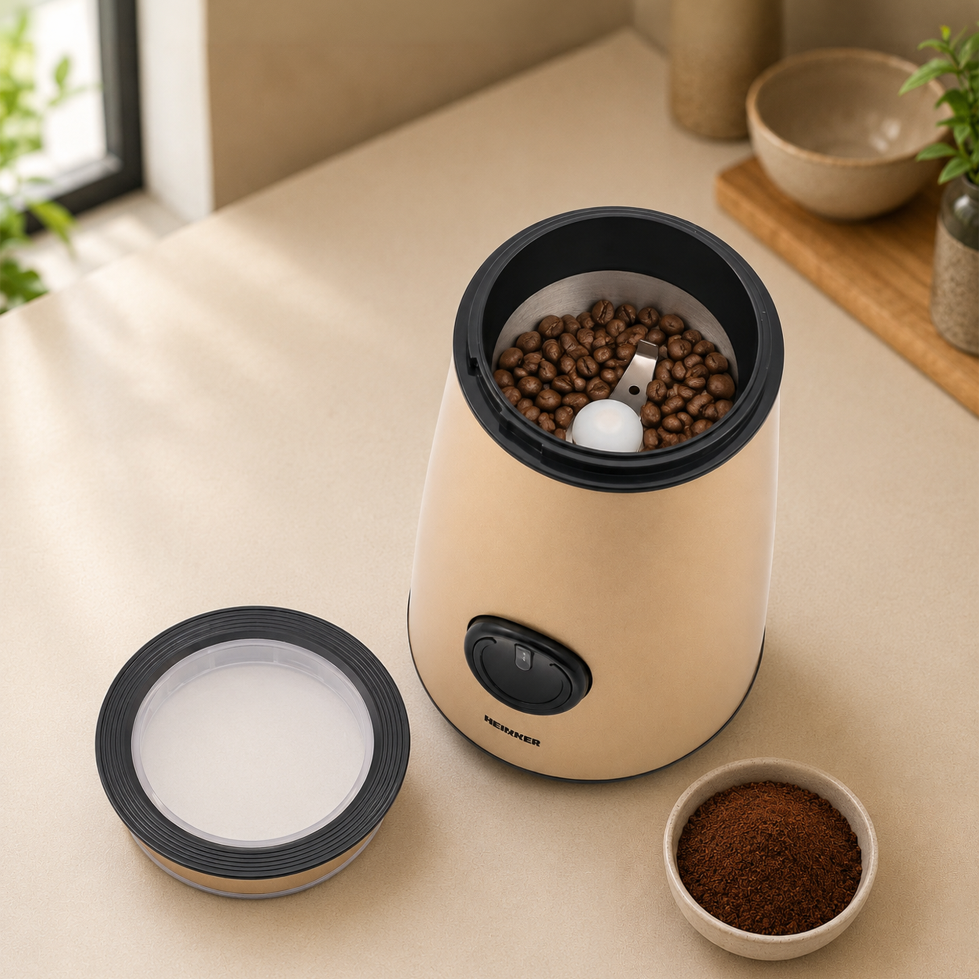 Ein beiger Kaffeemühle voller Kaffeebohnen steht auf einem Tisch, daneben der Deckel und eine Schale Kaffeemehl.