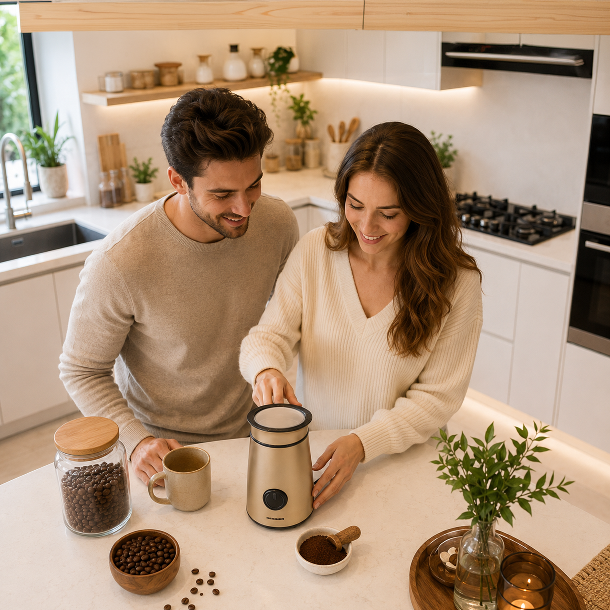 Ein glückliches Paar bereitet Kaffee in einer modernen Küche vor.