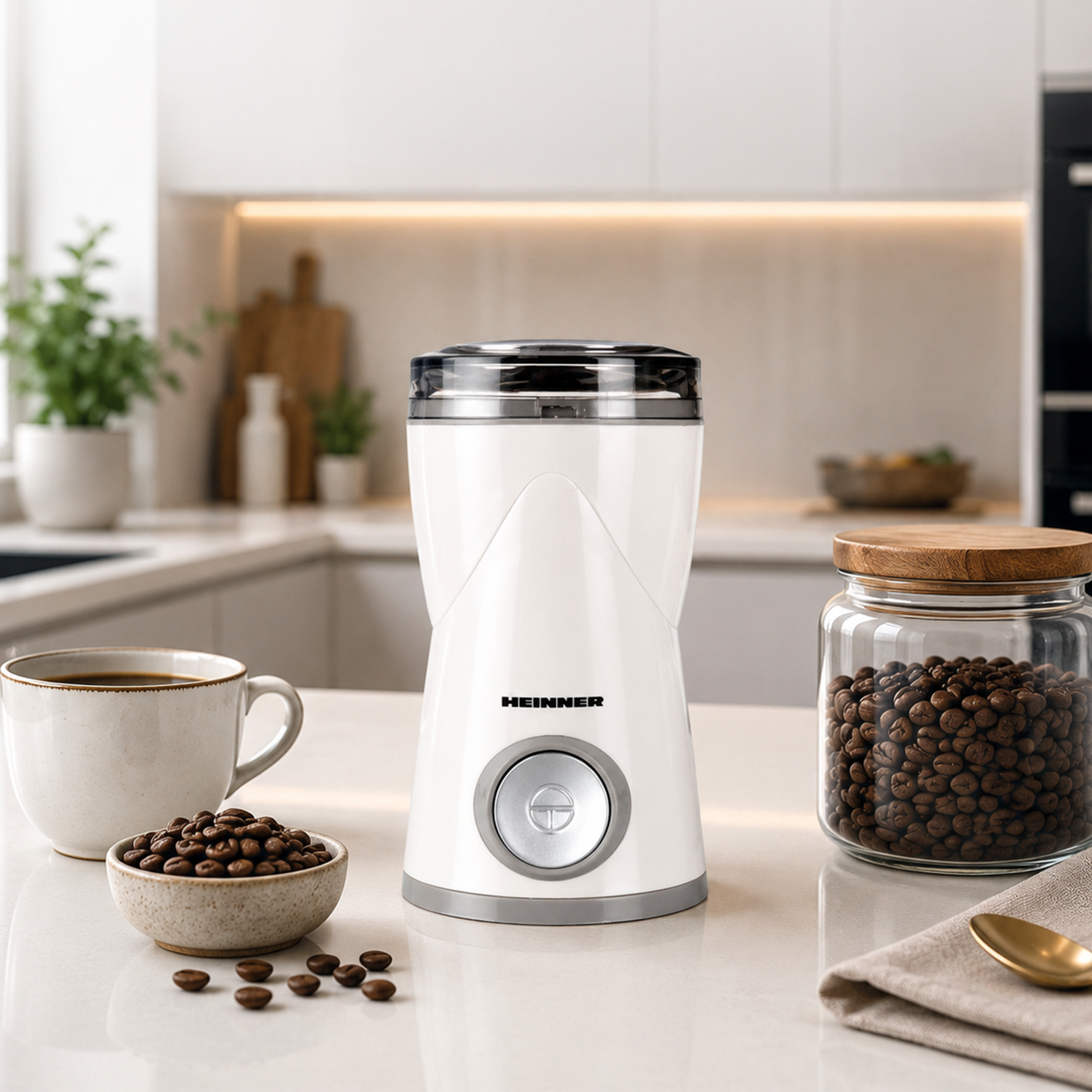 Eine weiße Heinner Kaffeemühle steht auf einer weißen Arbeitsplatte, umgeben von Kaffeetasse, Bohnen und einem Glas.
