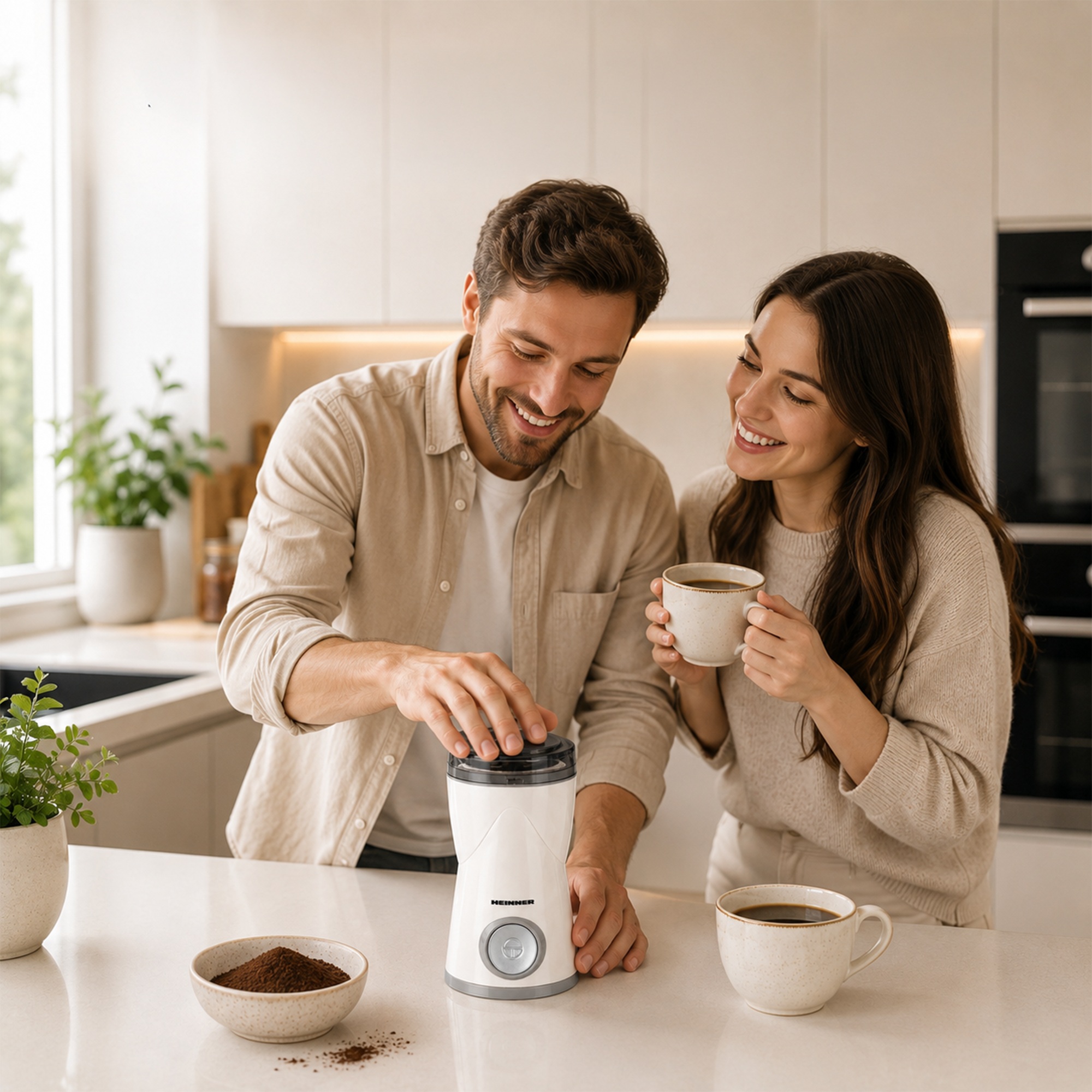 Ein lächelndes Paar in einer hellen Küche benutzt eine weiße Kaffeemühle mit Kaffeetassen daneben.