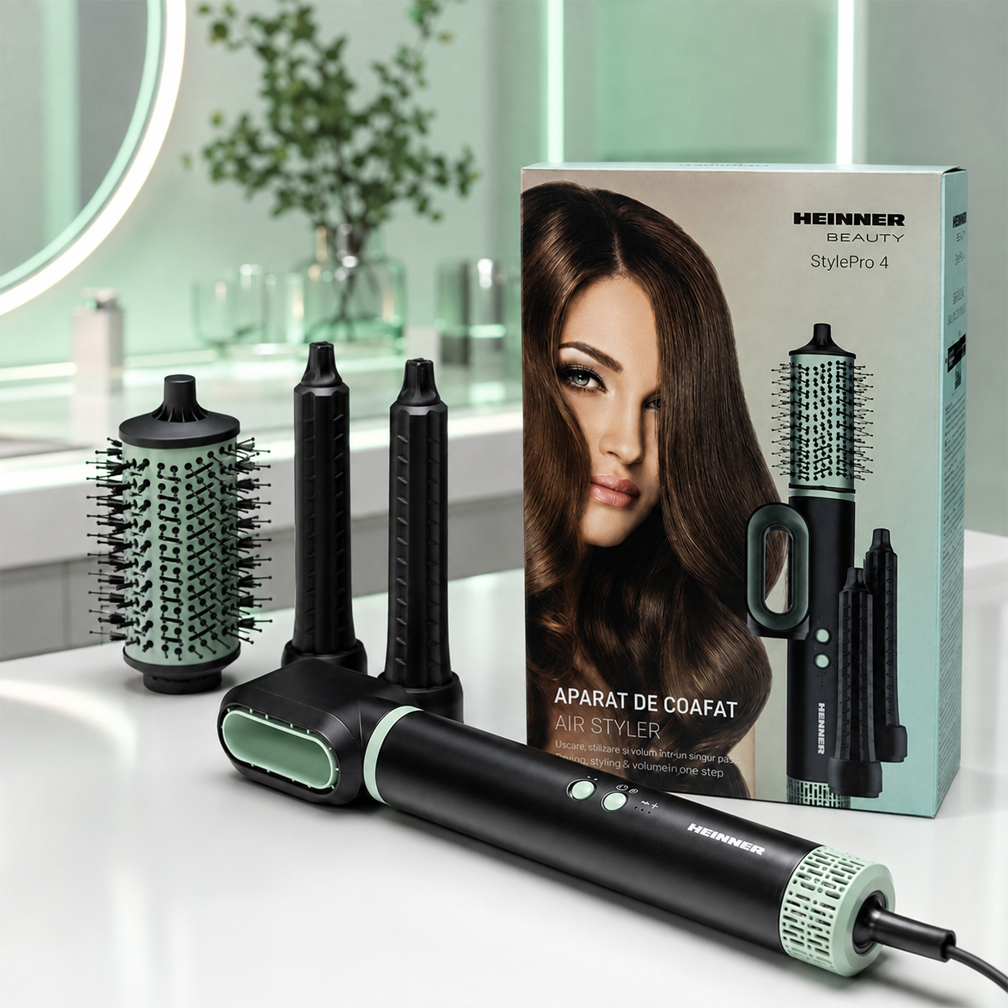 Heinner Beauty Air Styler mit Zubehör und Produktverpackung auf einem Tisch.