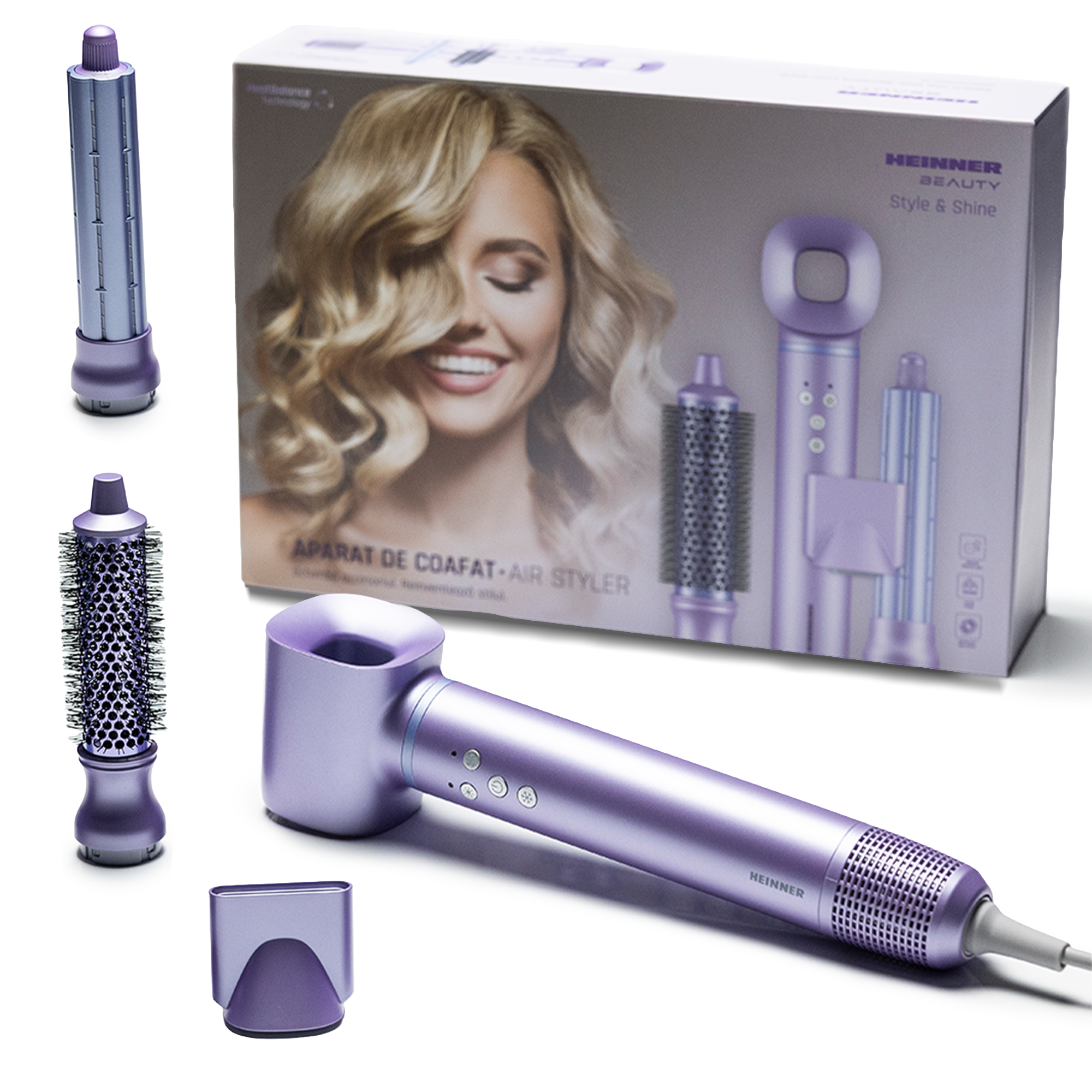 Set de coiffage et sèche-cheveux Heinner violet avec sa boîte et ses accessoires.