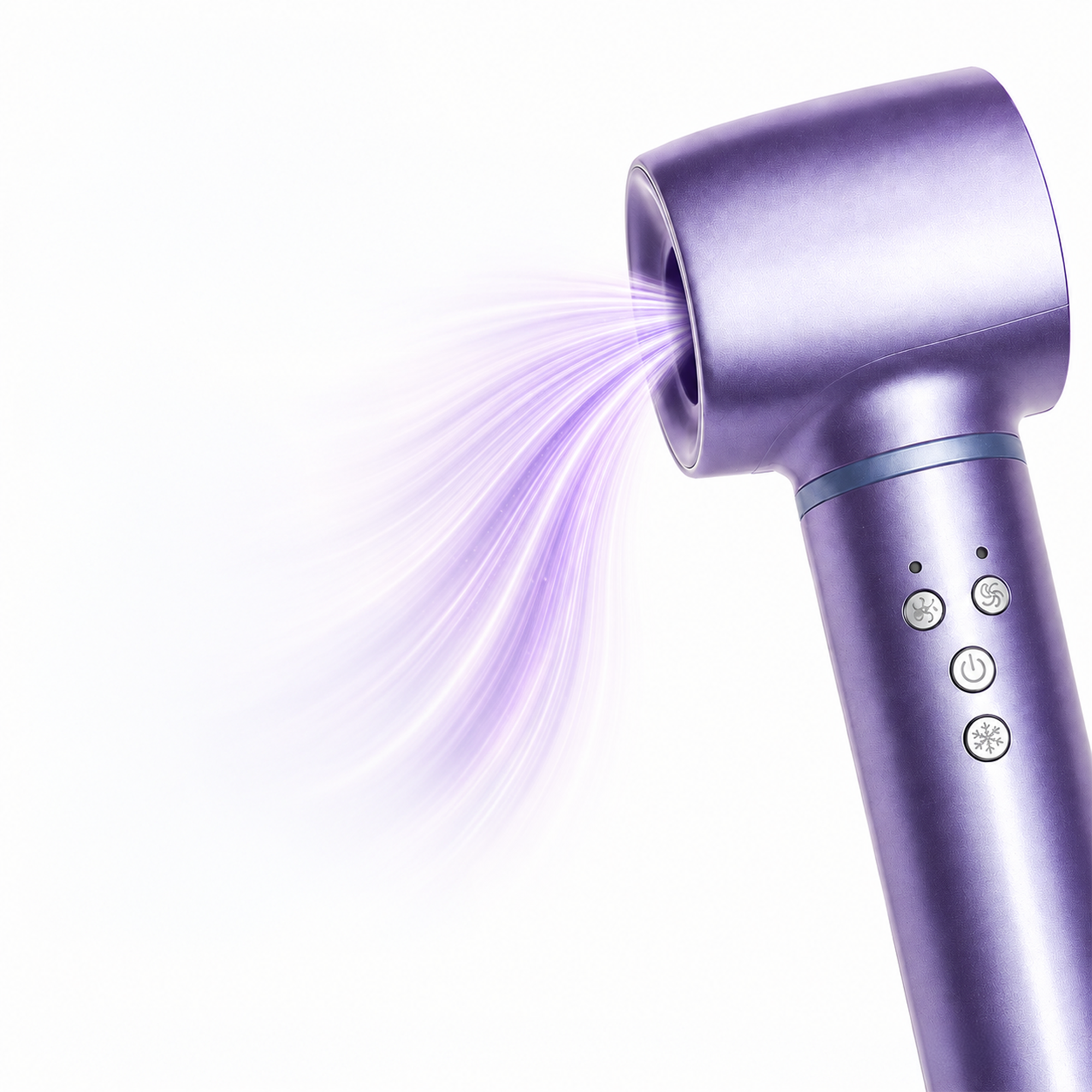 Un sèche-cheveux violet moderne souffle des lignes de vent violettes sur fond blanc.