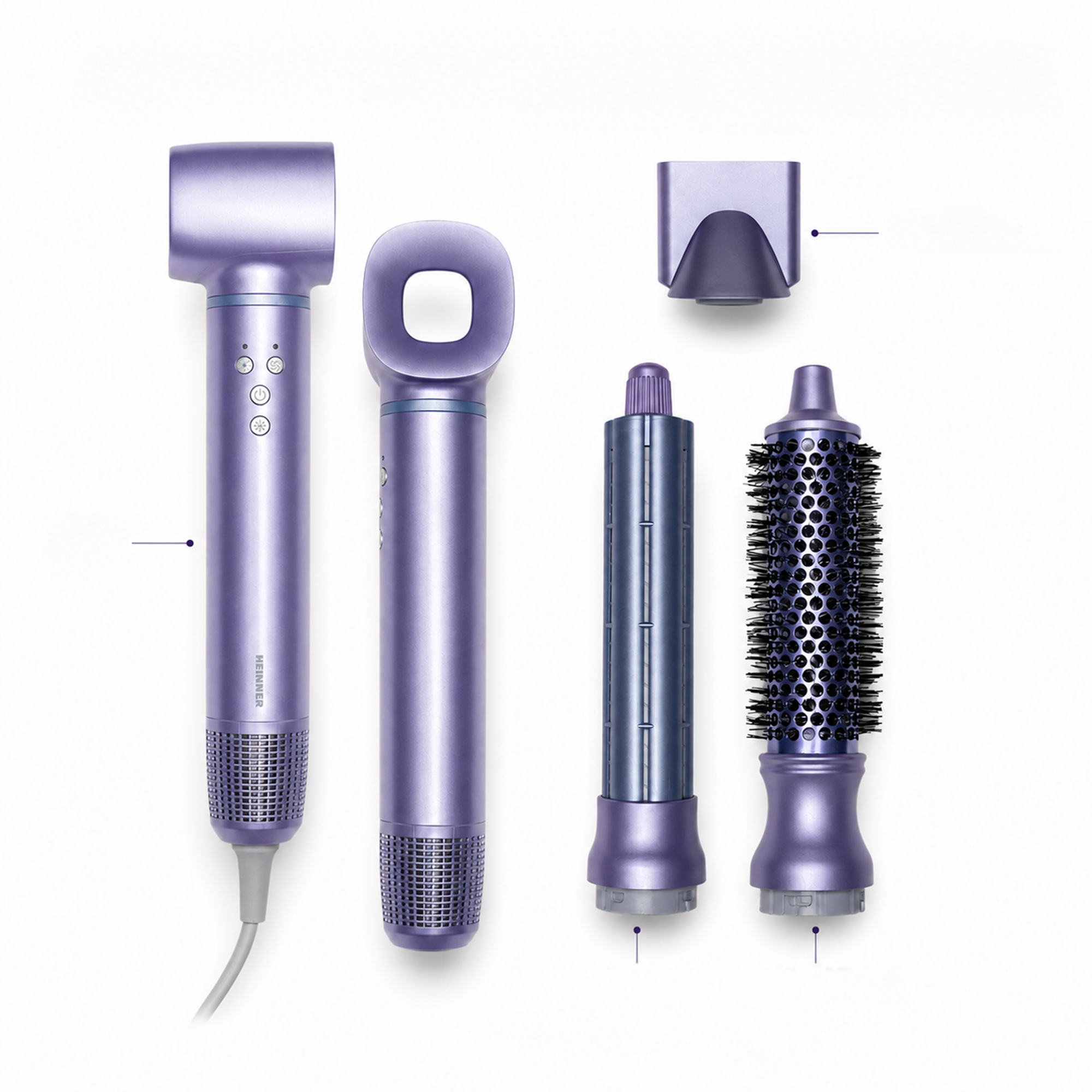 Un sèche-cheveux violet et divers accessoires de coiffage sur fond blanc.