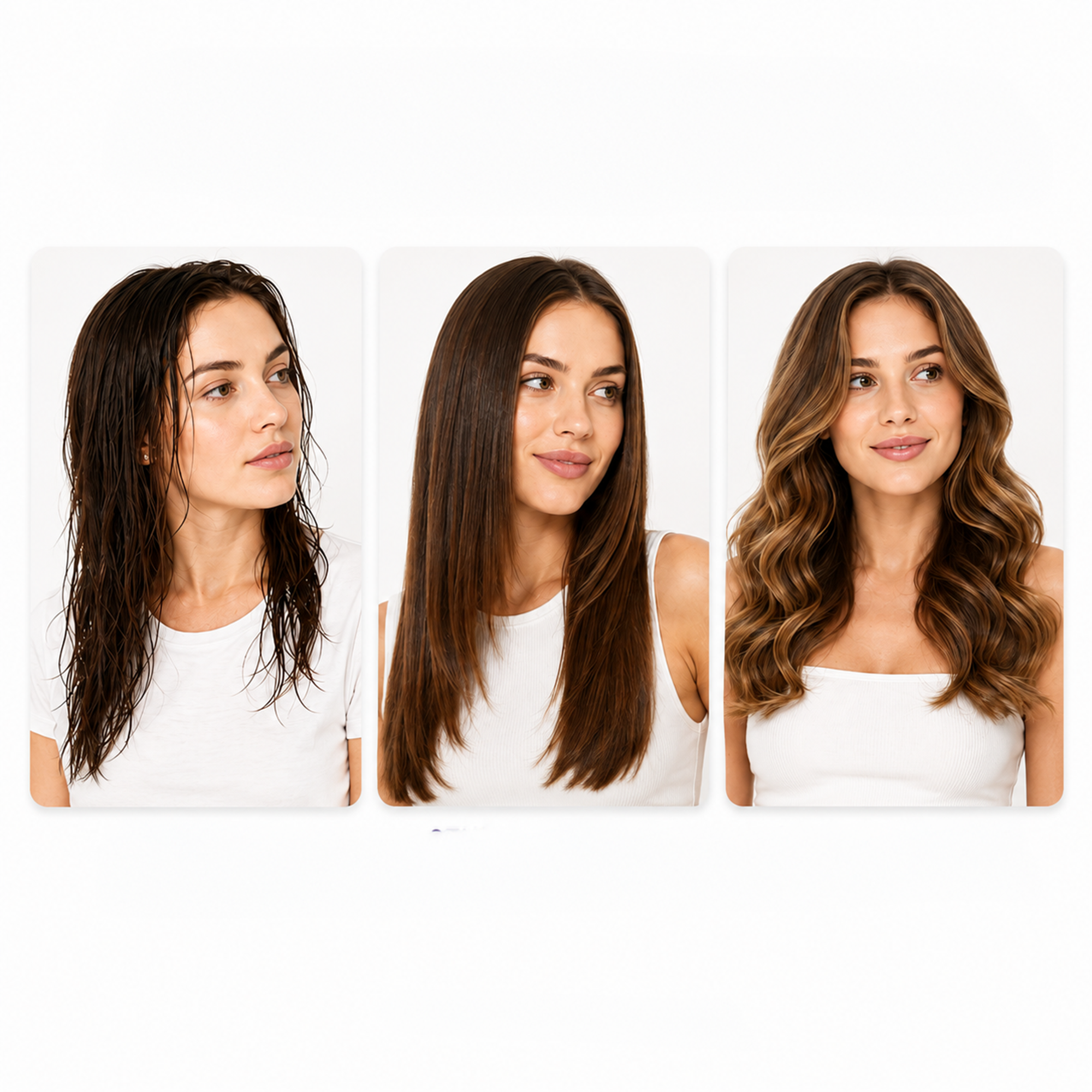 Trois panneaux montrant une femme avec des cheveux bruns mouillés, raides et bouclés.