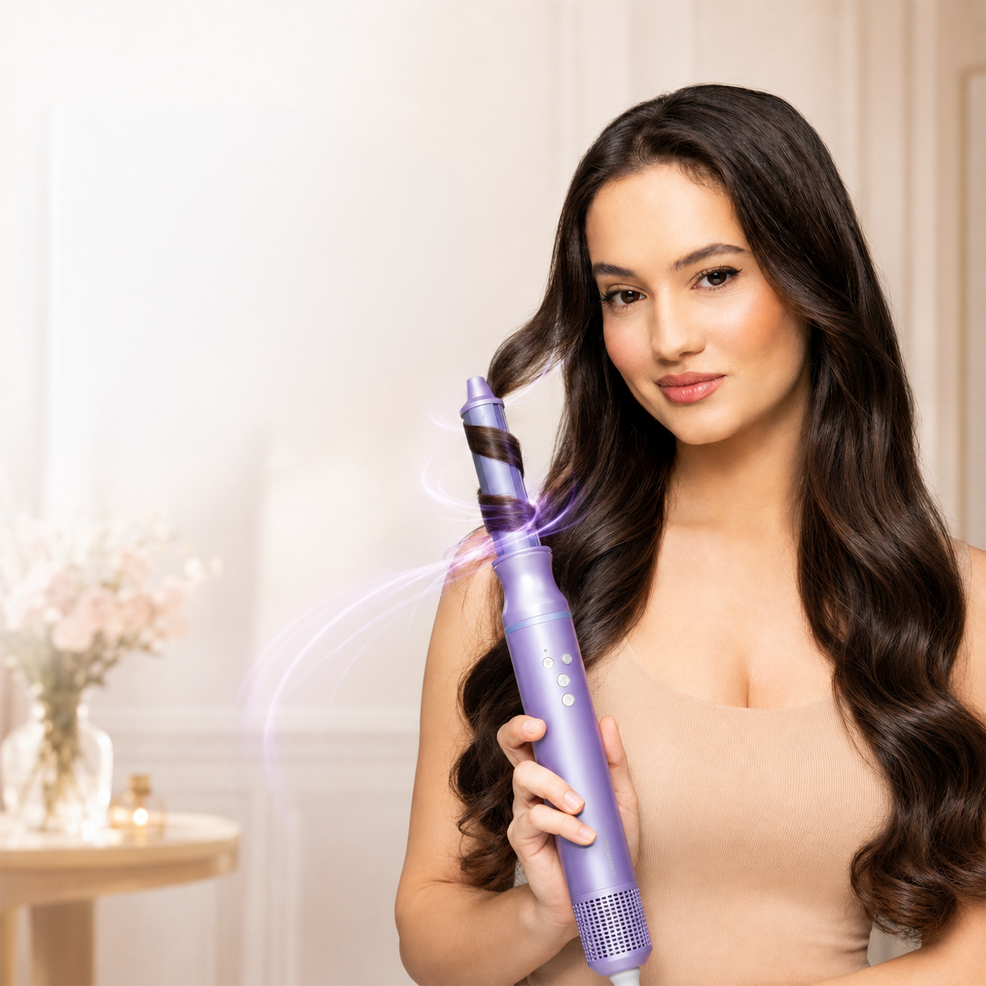 Une femme tient un fer à friser violet et coiffe ses longs cheveux foncés dans une pièce lumineuse.