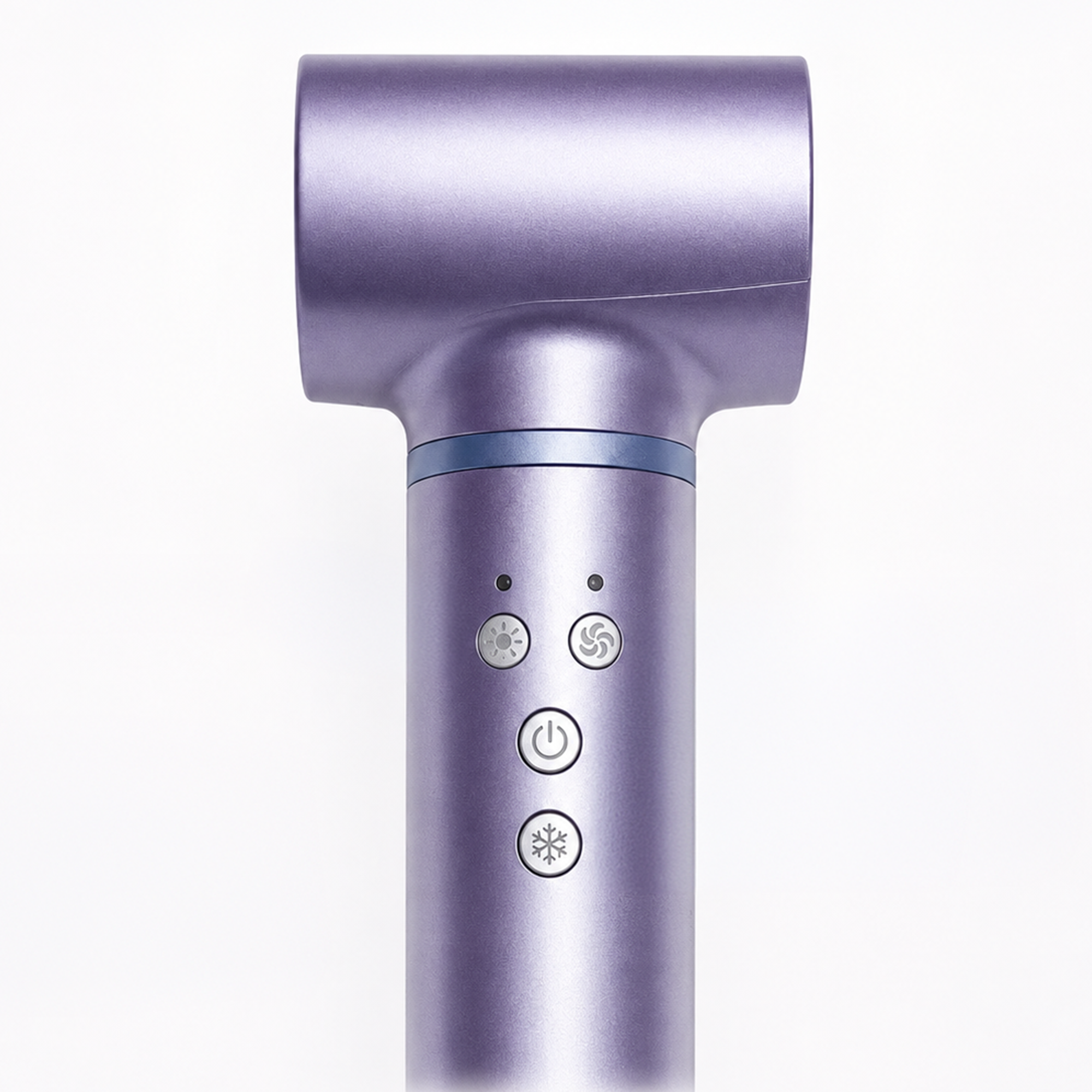 Un sèche-cheveux violet avec quatre boutons et deux petits voyants lumineux sur le manche cylindrique sur fond blanc.