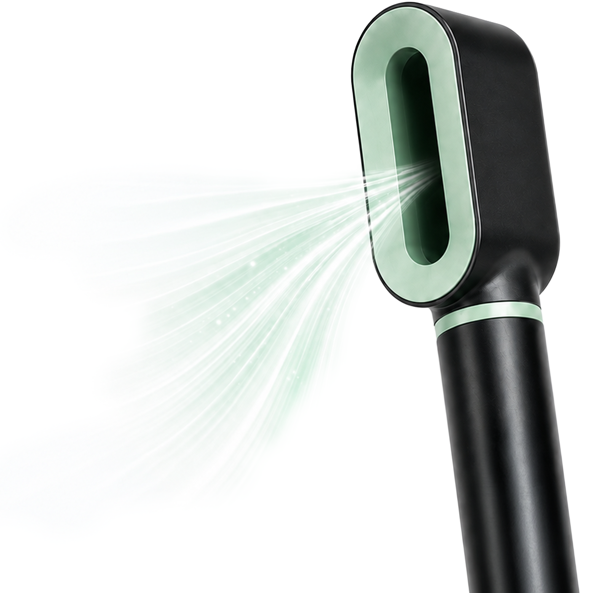 Ein schwarzer, bladloser Ventilator mit mintgrüner Umrandung bläst Luft nach links.
