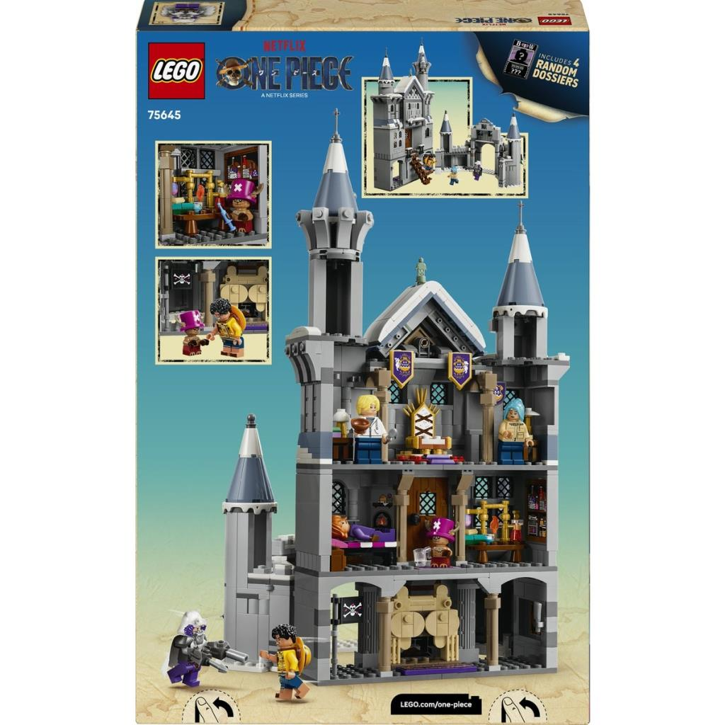 Empaquetado del set de castillo Lego One Piece que muestra habitaciones interiores, torres y minifiguras.