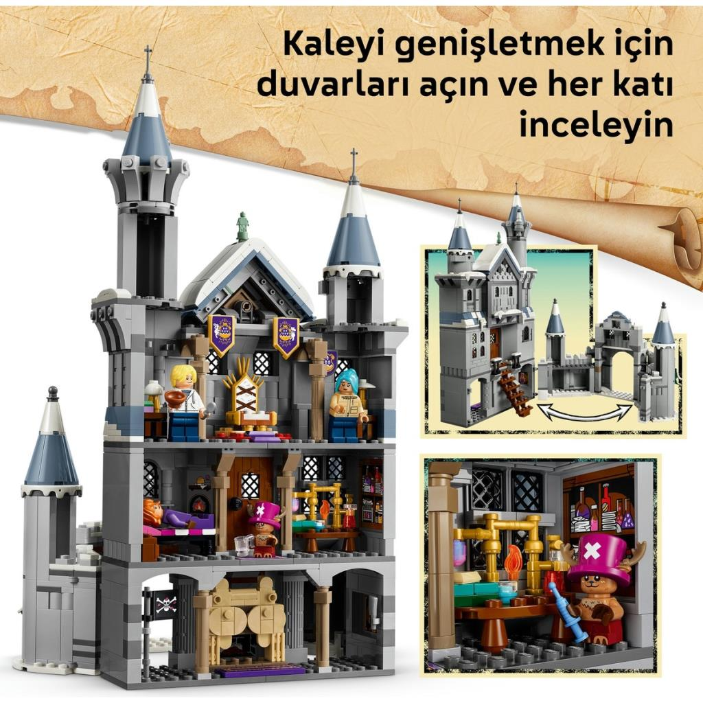 Un castillo de Lego detallado con varias habitaciones, minifiguras e imágenes insertadas que muestran características.