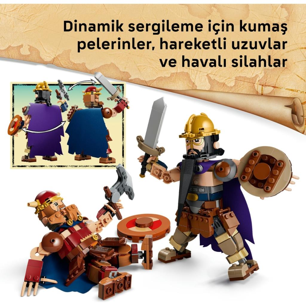 Minifiguras vikingas de Lego luchando con espadas, escudos y capas.