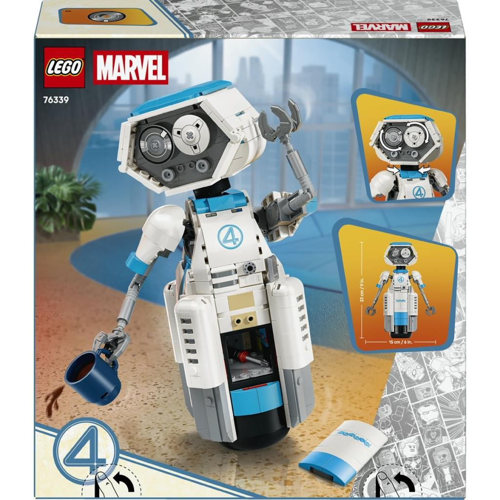 Bardak tutan beyaz ve mavi tasarımlı Lego Marvel robotu, renkli ambalaj üzerinde.