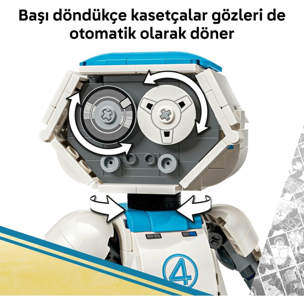 Dönen başlı ve gözlü yapı bloklarından yapılmıs bir robot.