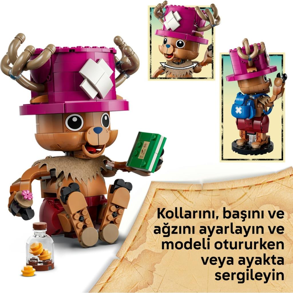 Una figura de Lego de Tony Tony Chopper con un libro verde, con imágenes insertadas que muestran sus partes y mochila.