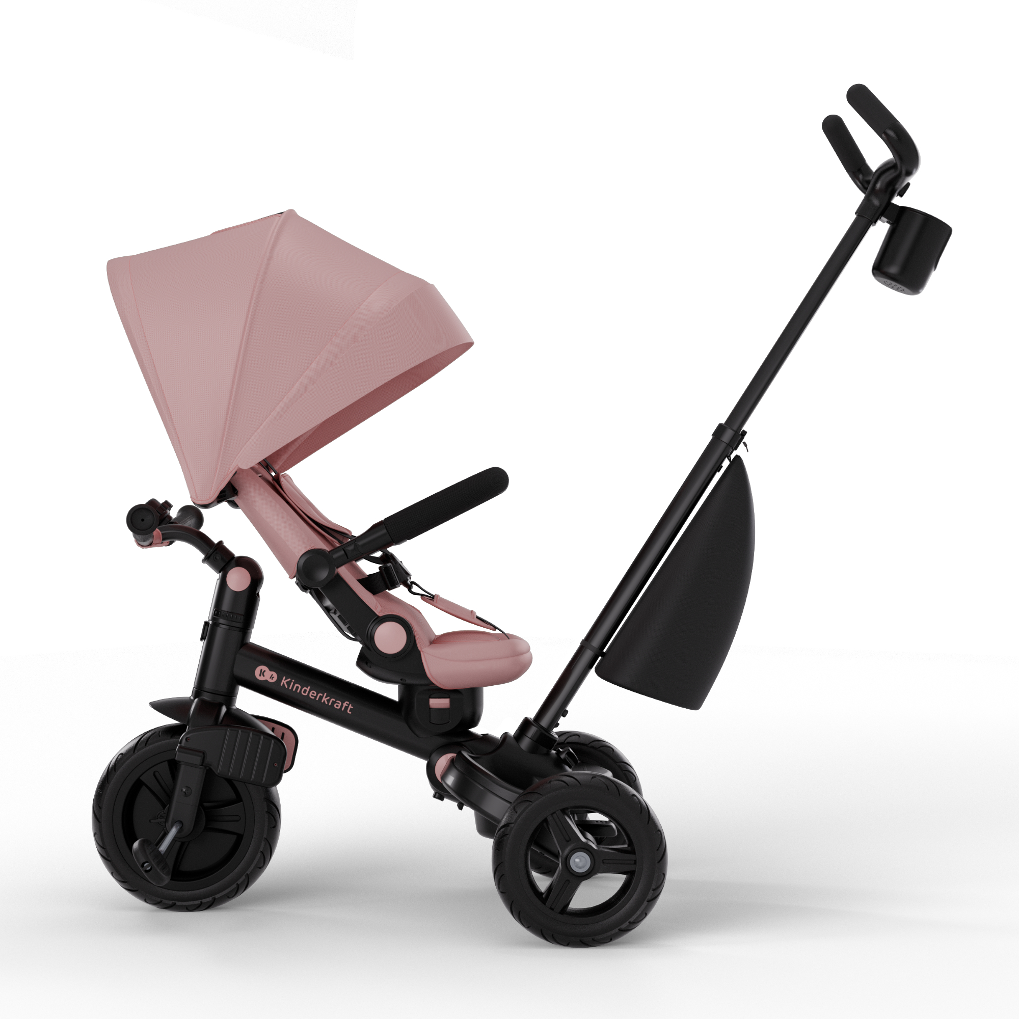 Ein pink-schwarzes Kinderdreirad mit Schiebestange, Sonnendach und Tasche vor weißem Hintergrund.