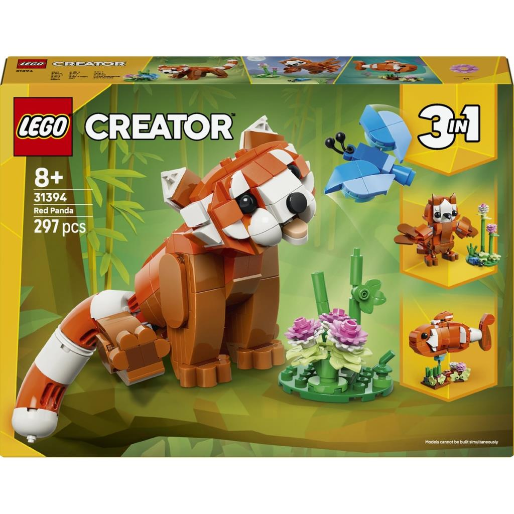 Lego Creator 3'ü 1 arada Kırmızı Panda set kutusu, inşa edilebilir kırmızı panda, çiçekler ve alternatif modeller.