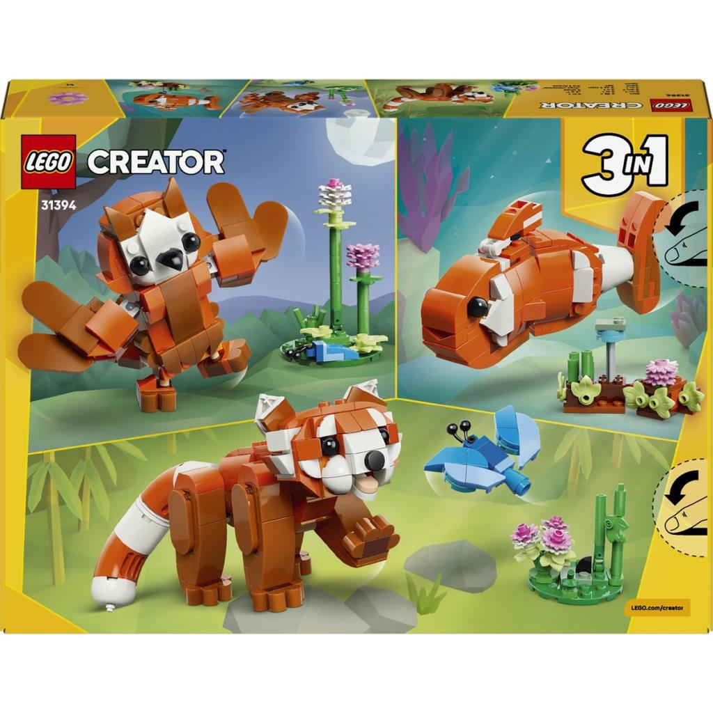 LEGO Creator 3in1 31394 setinin kutusunda kırmızı panda, baykuş ve balık yer alıyor.