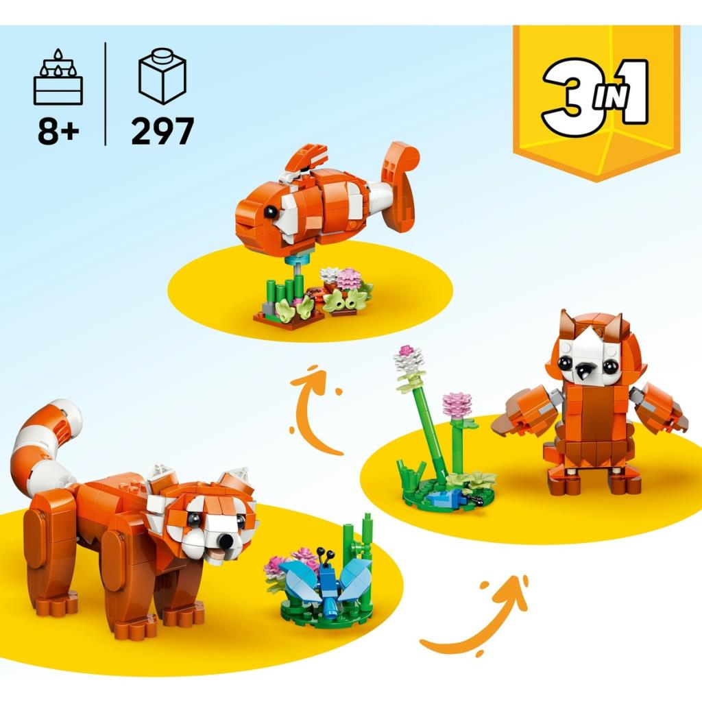 Kırmızı panda, bir balık ve başka bir hayvanı gösteren 297 parçalı Lego 3ü 1 arada seti, 8 yaş ve üzeri için.