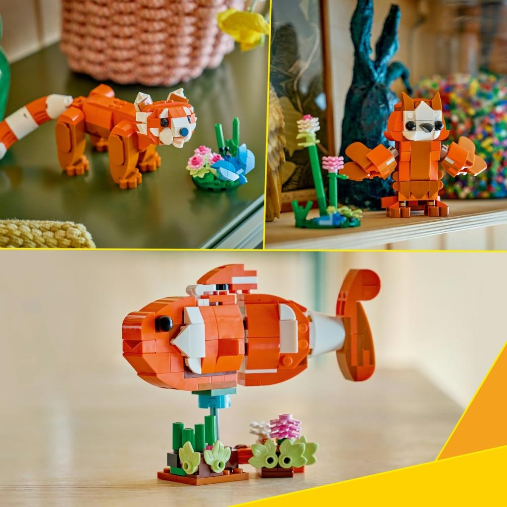 Renkli bir ortamda kırmızı panda, bir kuş ve bir balık gösteren üç turuncu ve beyaz Lego figürü.