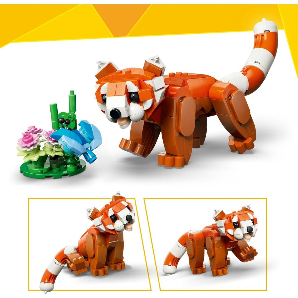 Turuncu ve beyaz parçalardan oluşan Lego kırmızı panda modeli, pembe çiçekli küçük bir bitki ve mavi bir kuşun yanında.