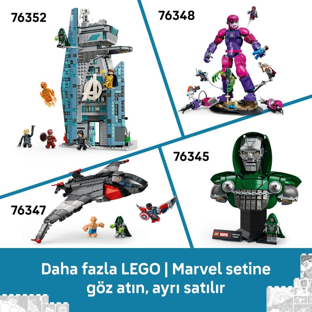 76352, 76348, 76347 ve 76345 etiketli dört LEGO Marvel seti ve mini figürleri.