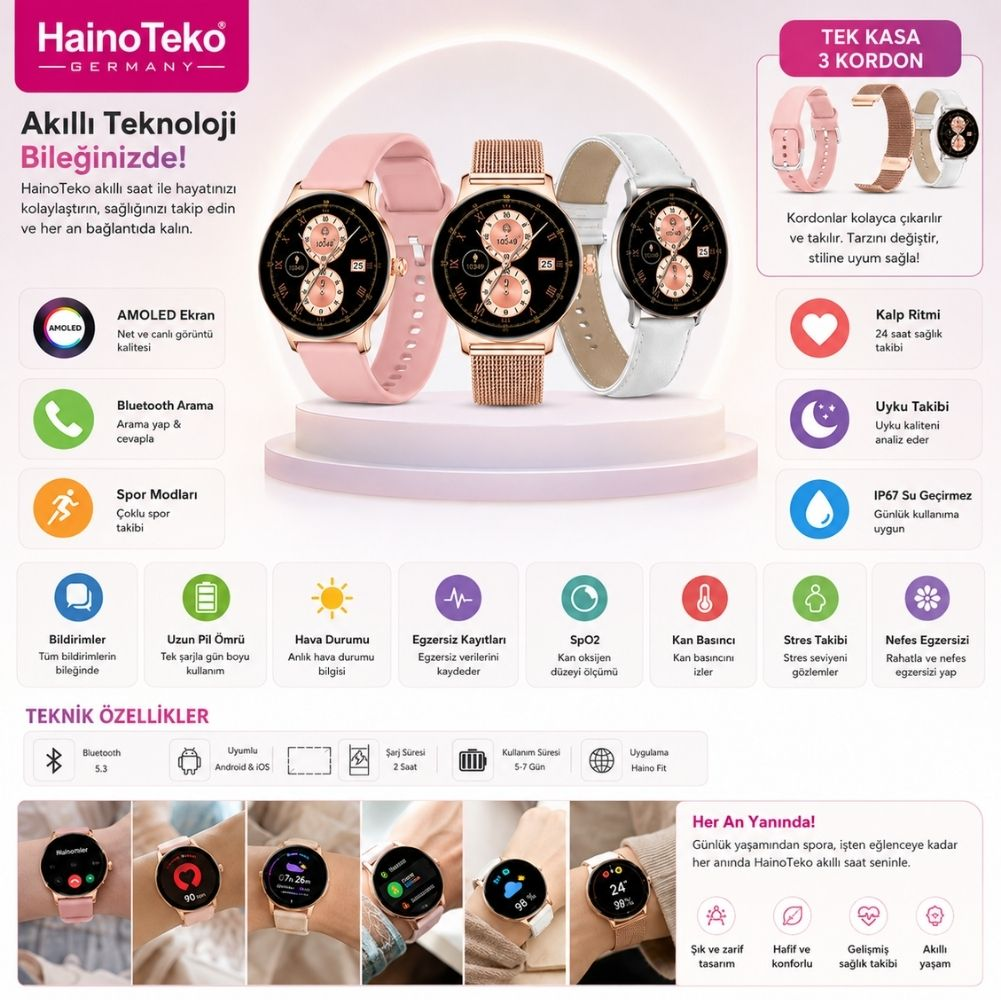 Pembe, metalik ve beyaz kordonlu üç akıllı saatin yer aldığı bir HainoTeko reklamı.