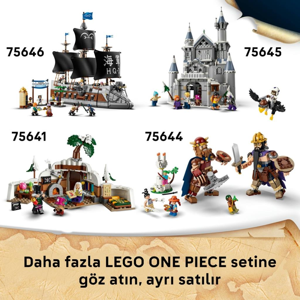 Gemi, şato, ada ve minifigürler içeren 75646, 75645, 75641, 75644 numaralı dört adet Lego One Piece seti.