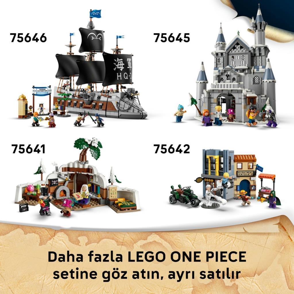 Gemi, kale ve figürler içeren dört farklı LEGO One Piece seti.