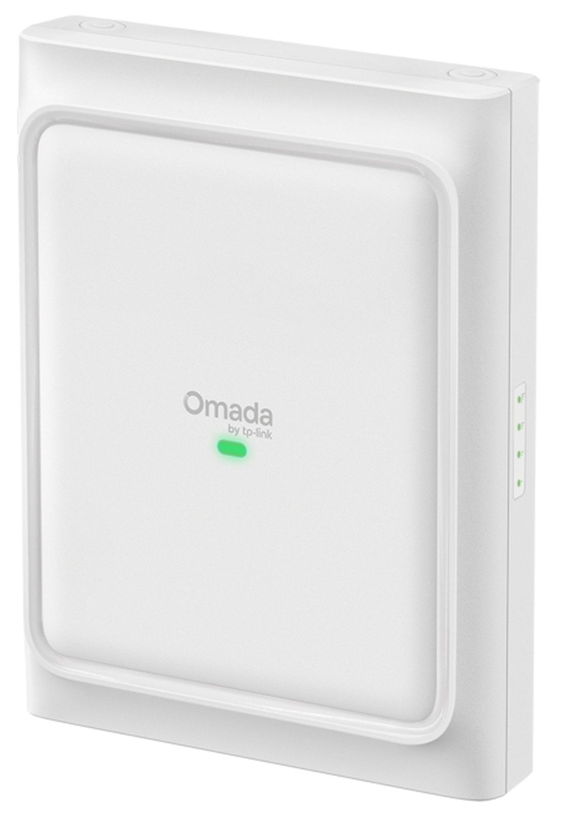 Beyaz arka plan önünde, ön yüzünde yanan yeşil bir durum LED'i bulunan beyaz Omada by TP-Link kablosuz cihazı.
