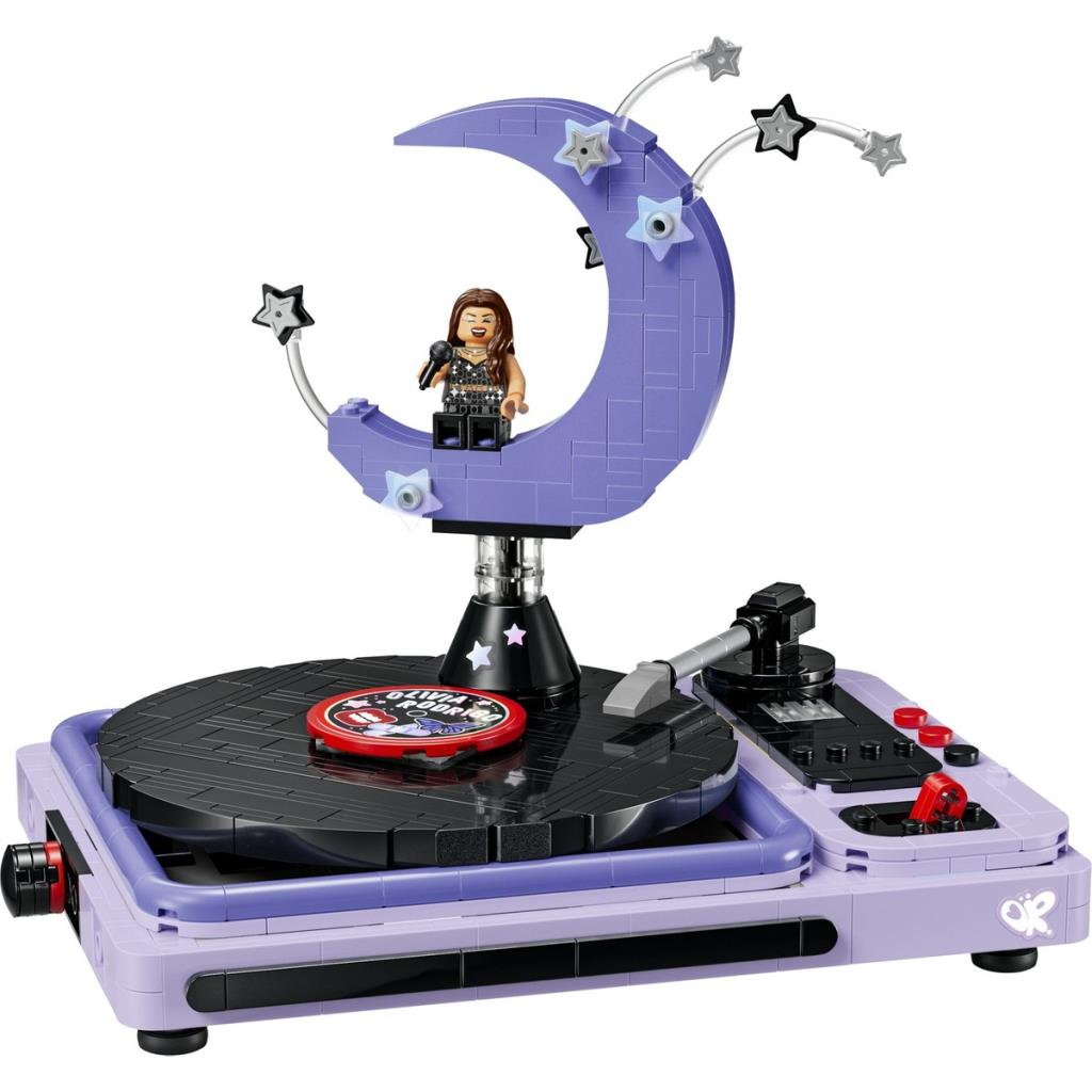 Un giradischi Lego viola con una statuetta in una luna.