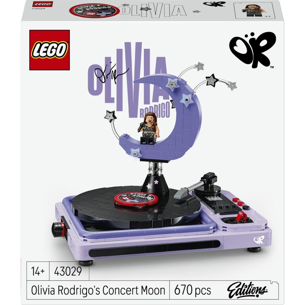 Set Lego della luna da concerto di Olivia Rodrigo con giradischi viola e minifigura.
