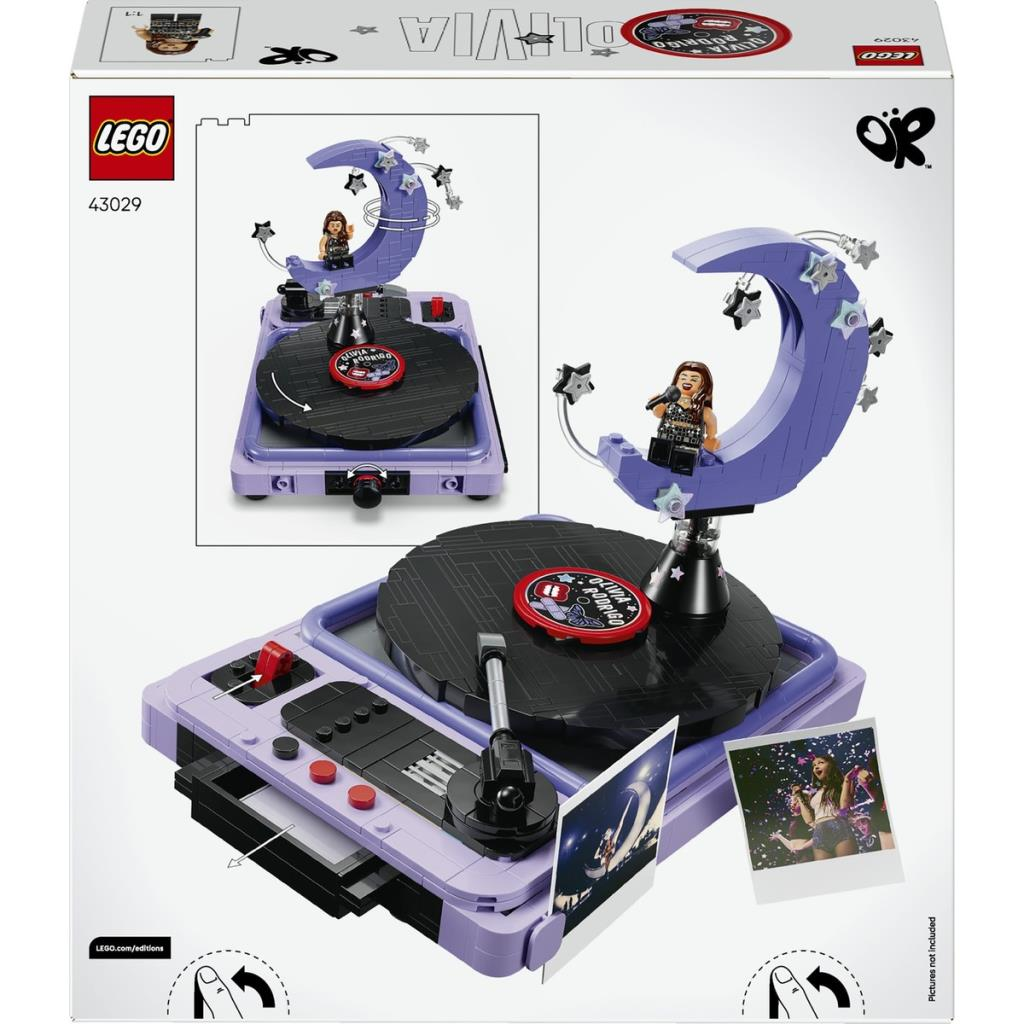 Scatola LEGO con giradischi a tema Olivia Rodrigo e luna viola.