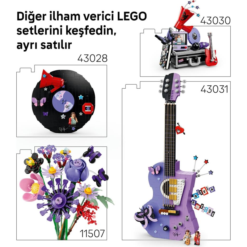 Çiçekler, gitar ve müzik temalı dört farklı LEGO seti, her birinin set numarasıyla.