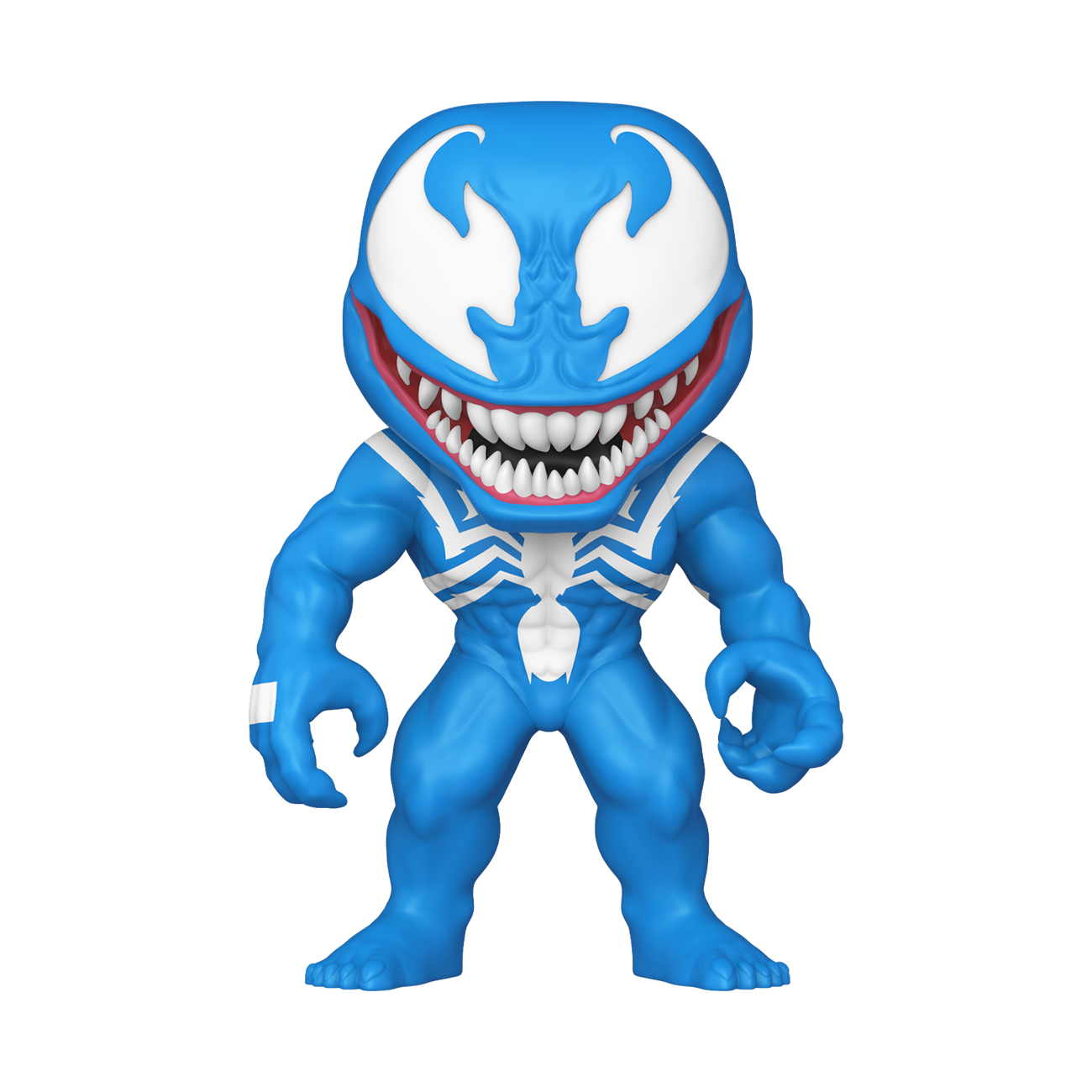 Una figura de vinilo azul de Venom con ojos blancos y símbolo de araña en fondo negro.