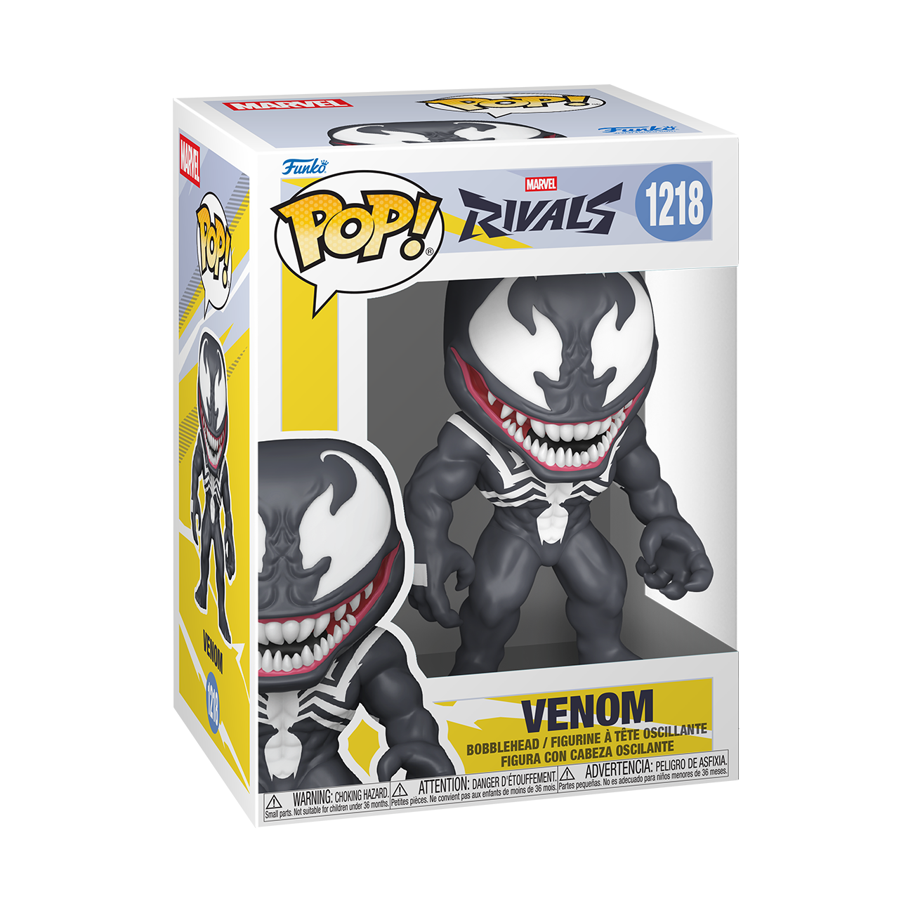Figura Funko Pop de Venom de Marvel Rivals en su caja, mostrando un personaje de vinilo negro con grandes ojos blancos y dientes.