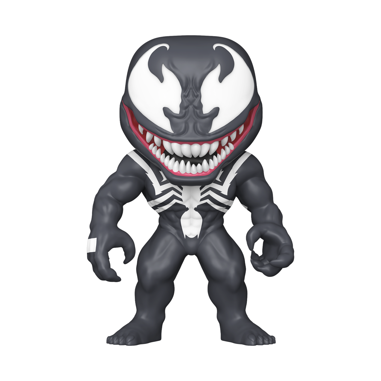 Figura de vinilo estilizada de Venom con una sonrisa amplia, grandes ojos blancos y un logotipo de araña en el pecho.