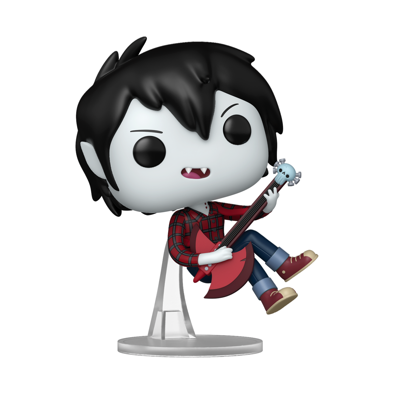 Una figura de vinilo de Marshall Lee tocando un bajo hacha rojo, sobre soporte transparente.
