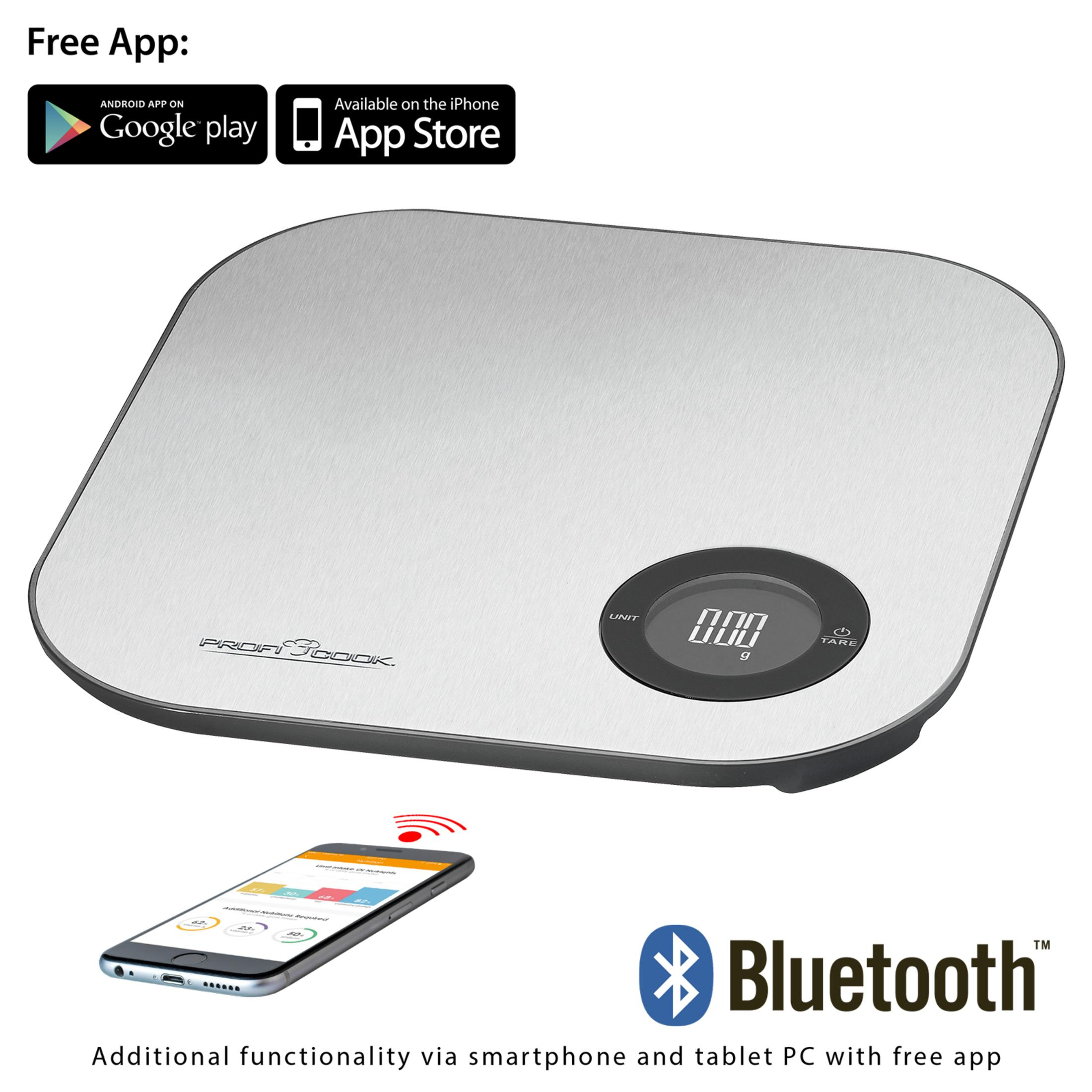 Balanza de cocina digital de acero inoxidable con pantalla redonda, Bluetooth y app.