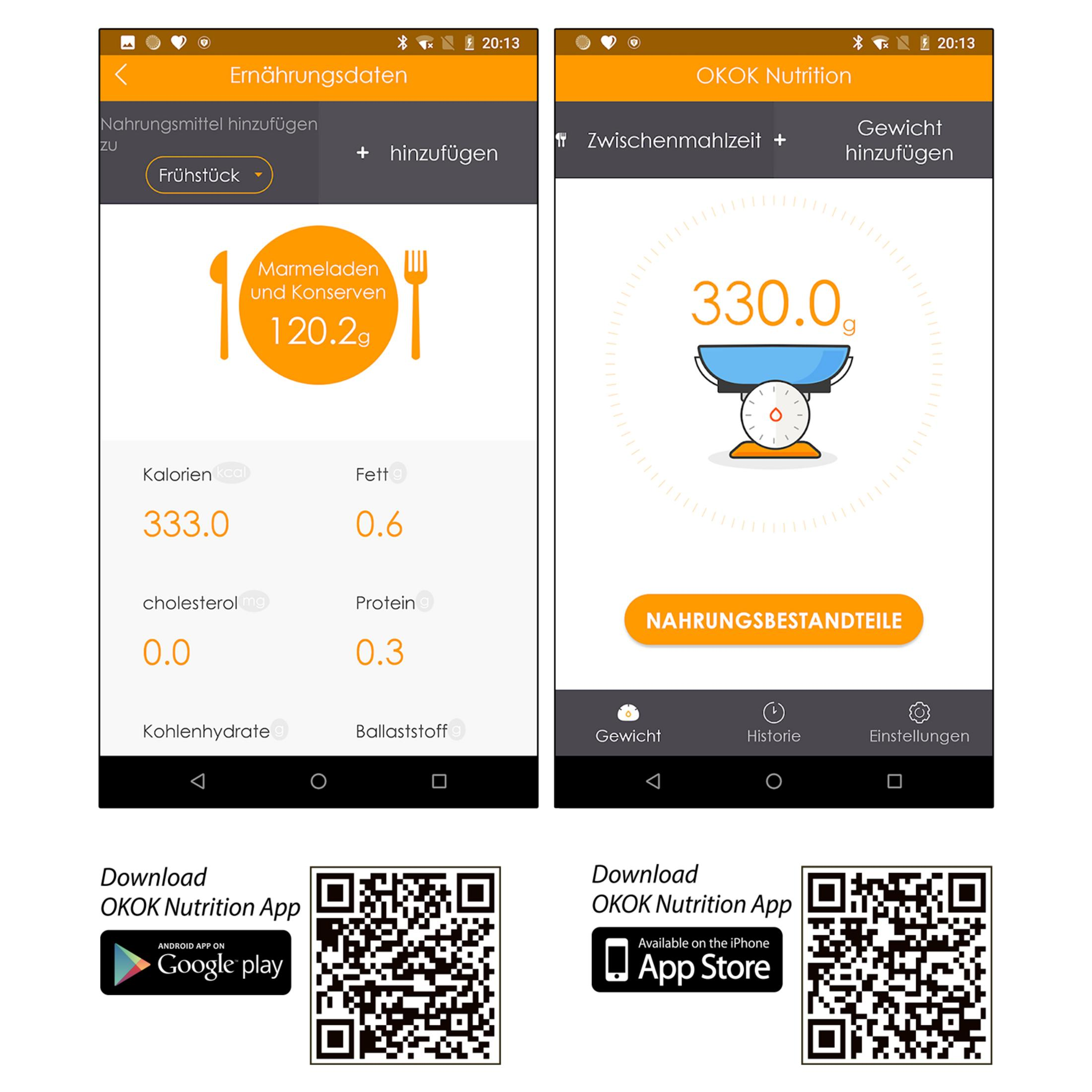 Capturas de la aplicación OKOK Nutrition con datos nutricionales y control de peso, con códigos QR de tiendas.