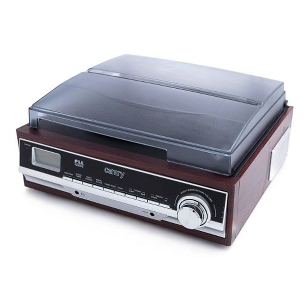 Gramofon Camry w kolorze drewna z szarą osłoną przeciwpyłową, wyświetlaczem i pokrętłem.