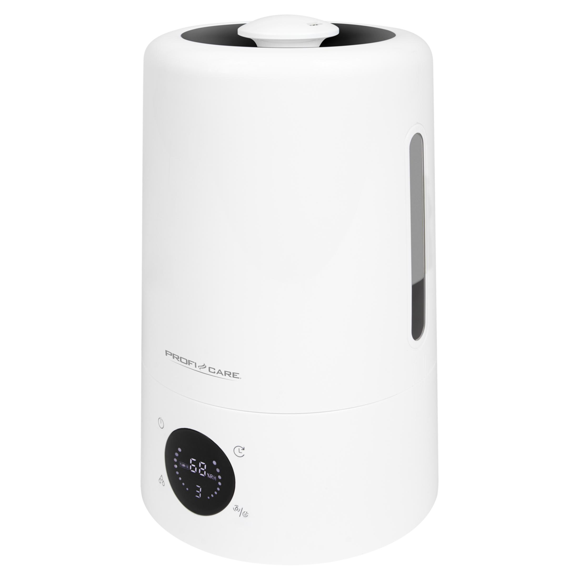 Un umidificatore cilindrico bianco con display digitale, finestrella livello acqua e logo su sfondo bianco.