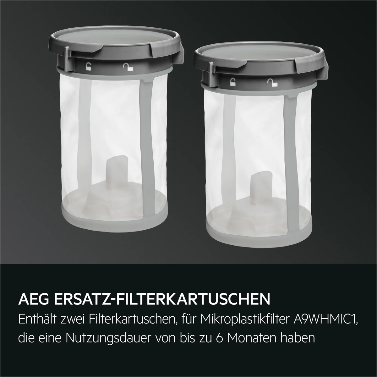 Zwei AEG Ersatz-Filterkartuschen für Mikroplastikfilter auf grauem Hintergrund.