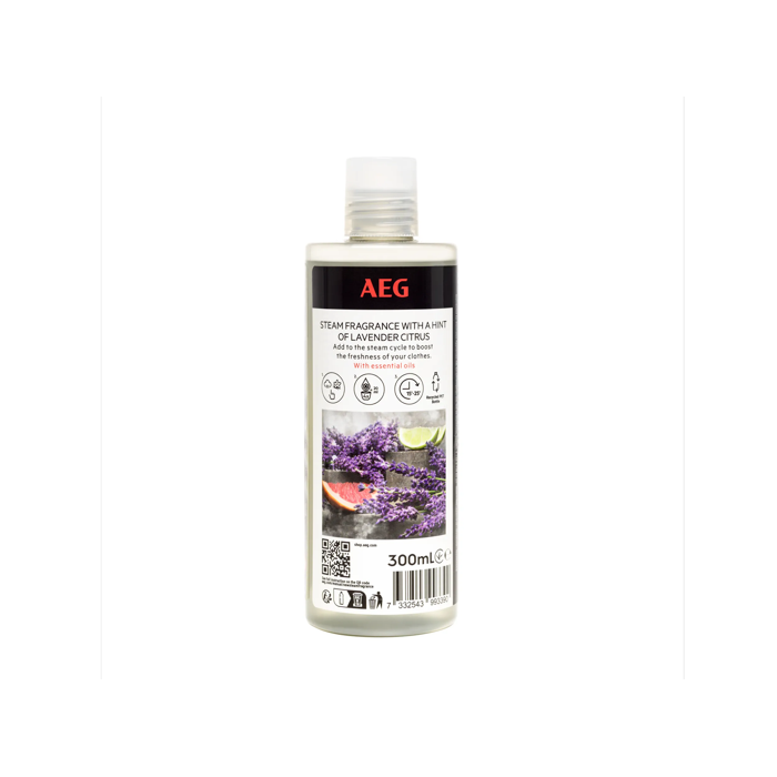 Flacone di fragranza per vapore AEG da 300 ml con etichetta di agrumi e lavanda su sfondo bianco.