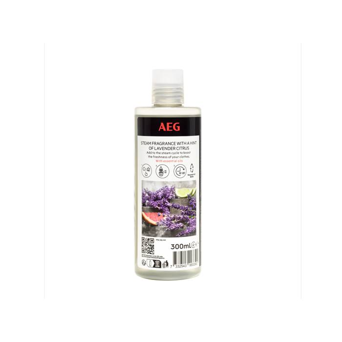 Flacone di fragranza per vapore AEG con immagini di lavanda e agrumi su sfondo bianco.