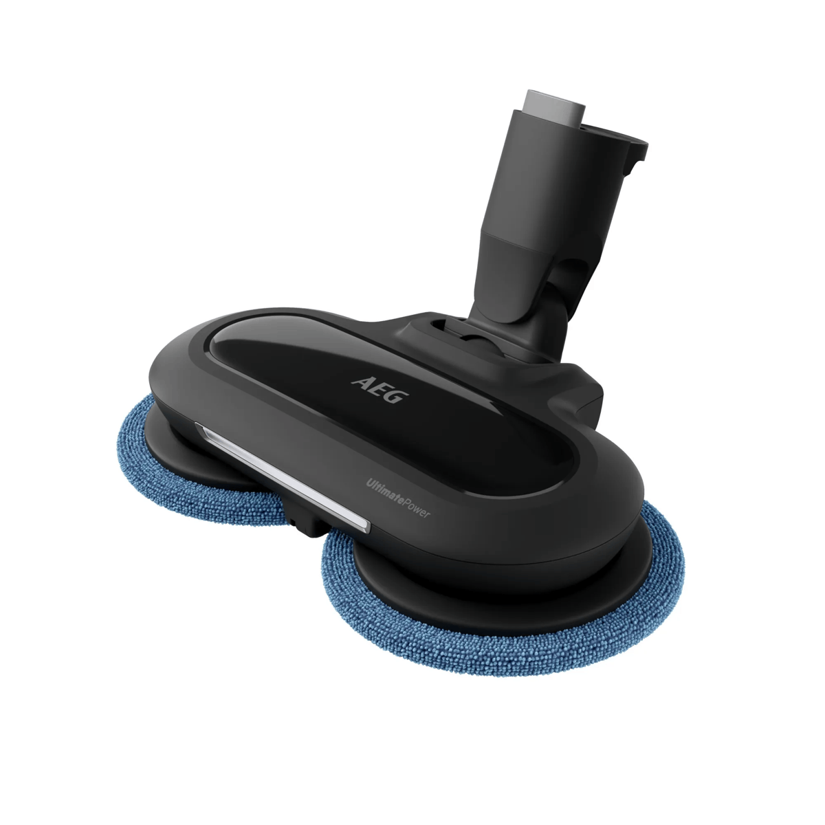 Un cabezal de aspiradora AEG UltimatePower negro con dos mopas redondas de microfibra azul sobre fondo blanco.