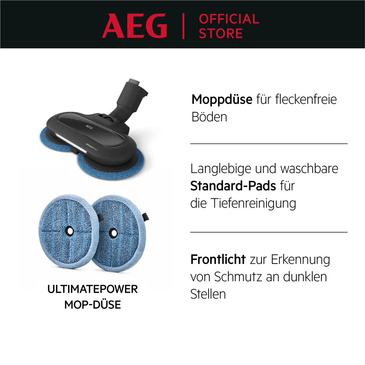 AEG Mopdüse mit blauen Pads und deutschen Produktbeschreibungen.